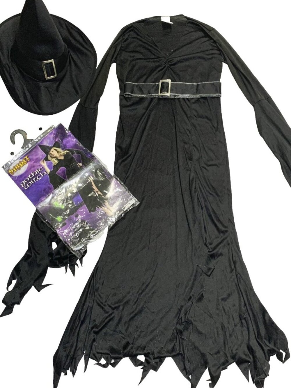Spirit Halloween Gothic Witch Costume Dress Hat Belt S/M Wicked Black Complete